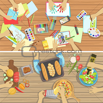 Children Craft And Cooking Lesson Two Illustrations With Only Hands Visible From Above The Table