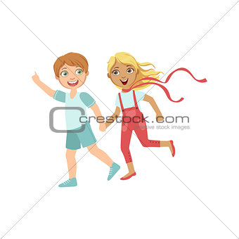 Boy And Girl Running Outside Holding Hands