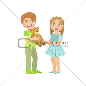 Boy Presenting A Teddy Bear To  Girl