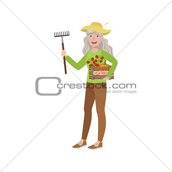 Old Woman With Rake And Crate Of Vegetables