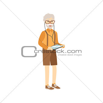 Old Man With Tablet And Headphones