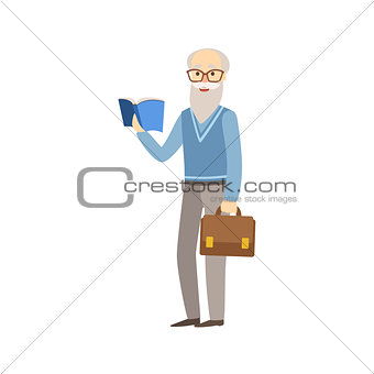Old Professor With Book And Suitcase