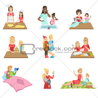 Mother And Daughter Passing Time Together Set Of Illustrations
