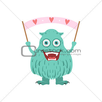 Furry Turquoise Friendly Monster With Banner