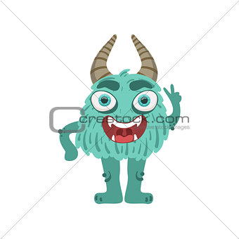 Furry Turquoise Friendly Monster With Horns