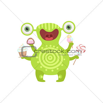 Green Tattooed Friendly Monster With Sweets