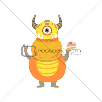 Yellow Friendly Monster With Horns And Cake