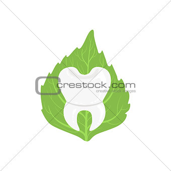 White Healthy Tooth With Roots  Green Leaf On Background Dental Care Symbol