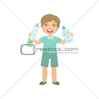 Boy Holding Big Toothpaste Tube And Mouthwash Bottle