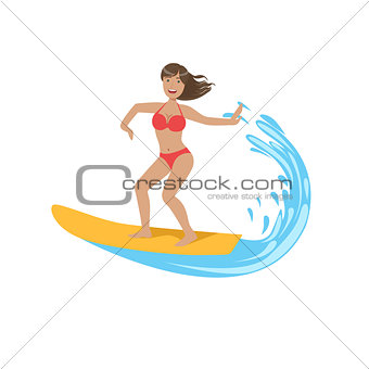 Woman In Red Bikini Riding A Wave On Surf