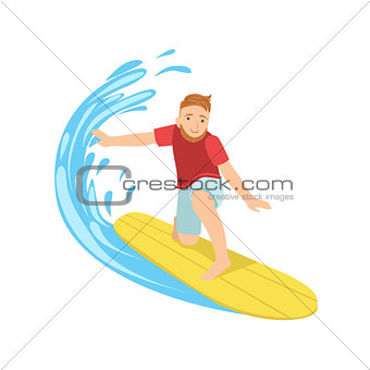 Guy Catching The Wave On Yellow Surfboard