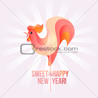 Sign New Year 2017 rooster in shape of candy on stick.