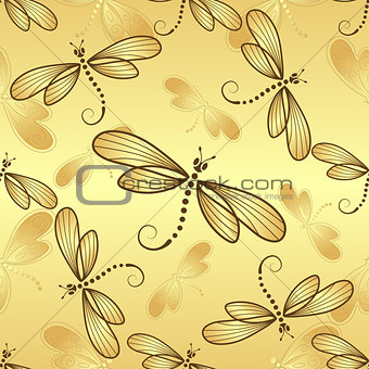Seamless pattern with gold gradient dragonflies
