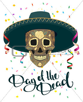 Day of Dead. Skull in Mexican Hat. Dia de Muertos