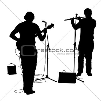 Silhouettes musicians plays the guitar and flute. Vector illustration