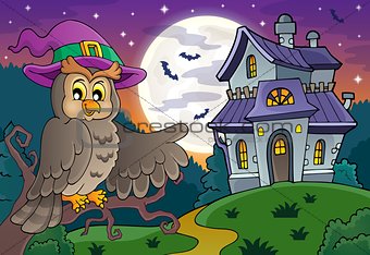Owl near haunted house theme 1