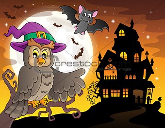 Owl near haunted house theme 2