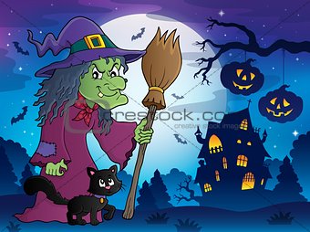 Witch with cat and broom theme image 8