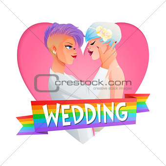 Wedding lesbian couple. Vector image with text.