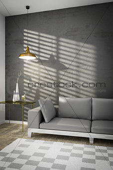 living room with a sofa and sunlight on the wall