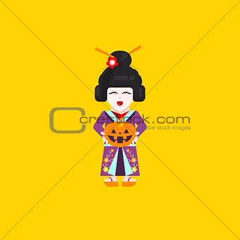 Japanese geisha character for halloween in a flat style