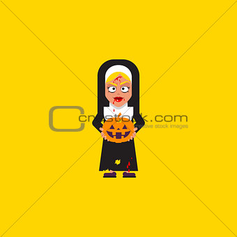 Bloody nun with pumpkin character for halloween in a flat style