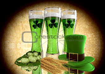 St Patrick's Day concept green beer with shamrock. 3D render