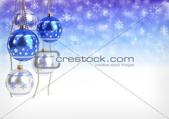 blue and silver christmas balls hanging on bokeh background. 3D render