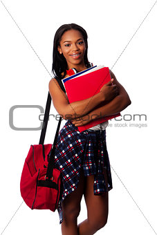 Happy student with binders and bag