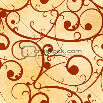 Brown baroque swirls on old paper, royal luxury seamless pattern