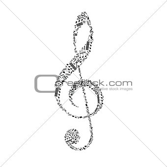 Treble clef sign made up from black music notes on white