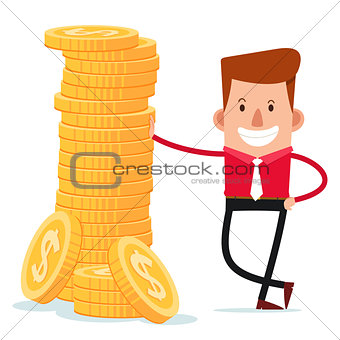 young businessman get a pose with stack of coins