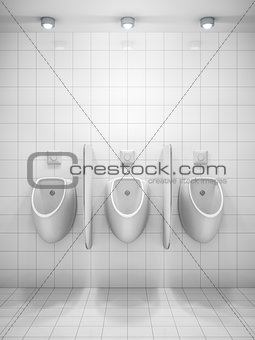 a white public restroom with three urinals