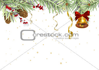Background for Christmas card. Spruce branches and golden bell