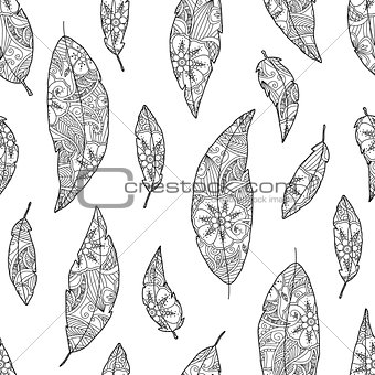 Seamless pattern of bird feathers with ornament inside