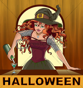 Redhead beautiful pretty witch girl pours cocktails Halloween