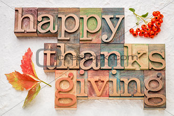 Happy Thanksgiving in wood type