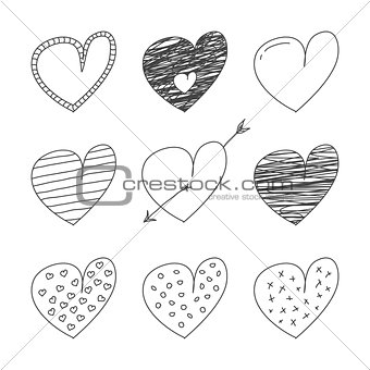 Collection of hand drawn hearts.