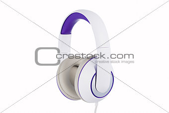 White and purple padded headphones side view isolated on white
