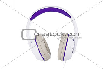 White and purple padded headphones front view isolated on white