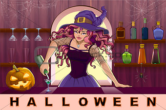 Beautiful pretty witch girl pours cocktails Halloween party