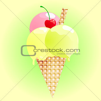 Fresh ice cream on green gradient background. Vector illustration