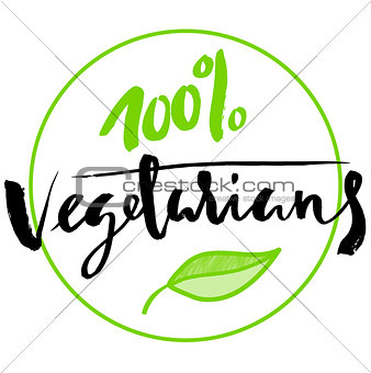 Vector illustration. Product Information Present By Green Vintage Style Tag, Sticker, Label or Badge With 100 Percent Text, Vegetarian Ribbon.