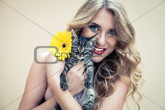 Girl with flower and cat