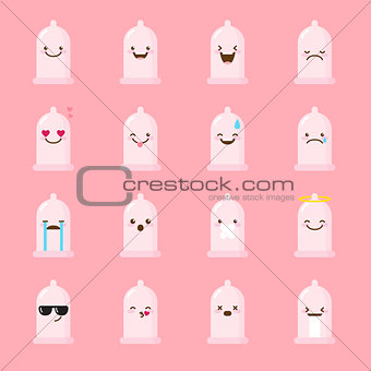 Vector condom emoji set. Funny emoticons.