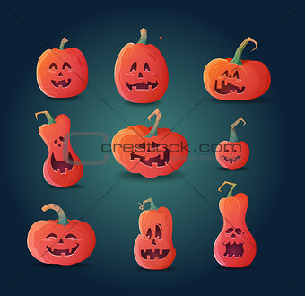 set of pumpkins on a dark background.
