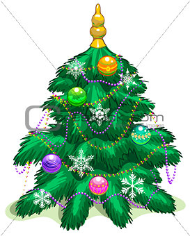 Green Christmas tree with balls and garlands