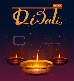 Happy Diwali festival of lights. Retro oil lamp on background night sky with stars