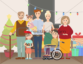 Big Christmas family at home vector illustration