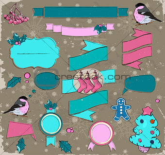 Set of Christmas elements in pink and blue.